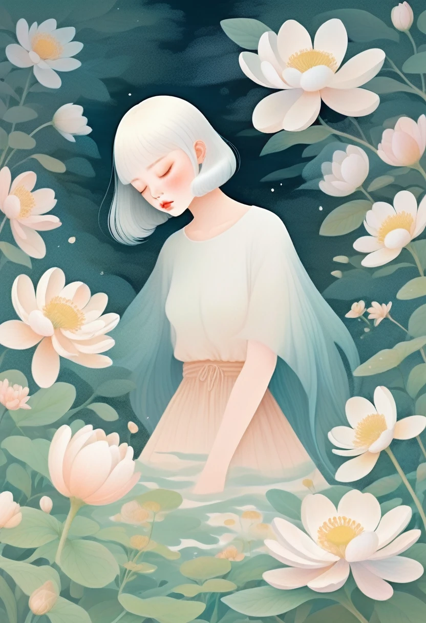 (mist:1.5)，Soft space，Soft tones，dream，Hazy and mysterious，大量mist和白色小花覆盖，Modern illustration elements。Tranquility、Pure atmosphere，blond woman with white flowers covering her face and eyes, inspired by Hsiao-Ron Cheng, inspired by Yanjun Cheng, by Ayami Kojima, by Hsiao-Ron Cheng, by Yanjun Cheng, Guweiz, artwork in the style of Guweiz, by Eizan It&#39;s a gift, cake, james jean and wlop