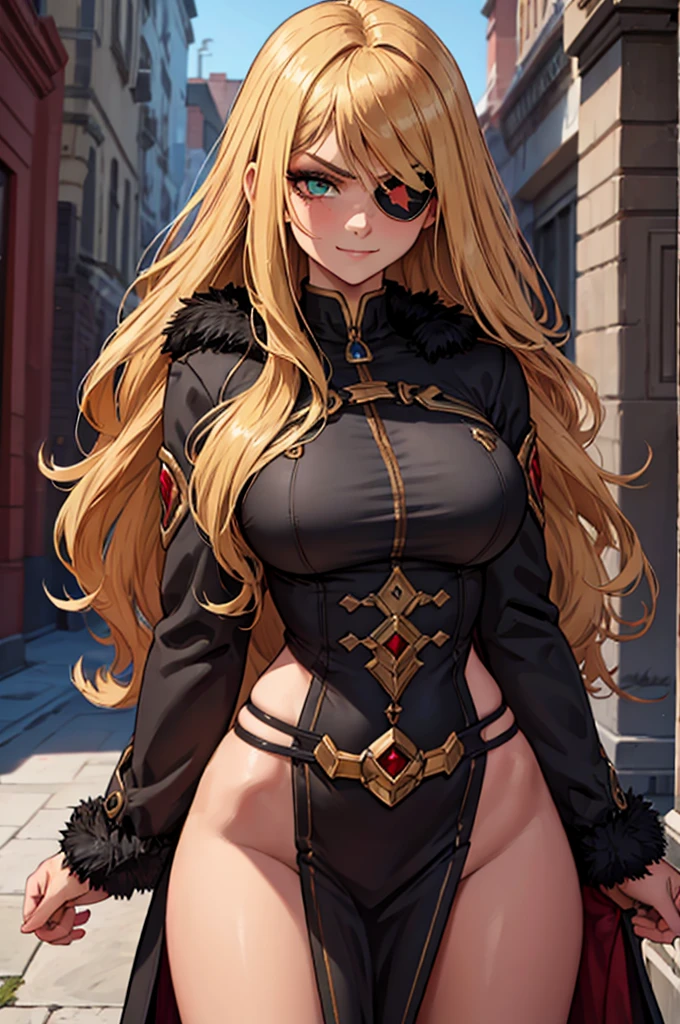 ((masterpiece)), ((best quality)), 1girl, adult, long hair, ((blonde hair)), blonde hair, ((intimidant look)), ((close-up)), green eyes, black and red clothes, sexy, dark colors, brillant eyes, ((coat with fur)), ((wavy hair)), perfect hands, ((sexy pose)), ((intimidant look)), good anatomy, ((dark sage clothes)), ((straight cut bangs)), emotionless, intimidant, ((beautiful eyes)), close up, ((detailed eyes)), beautiful eyes, ((detailed face)), hair bang, frontal look, abs, smile, magical goddess othinus, detailed face, eyepatch, full body