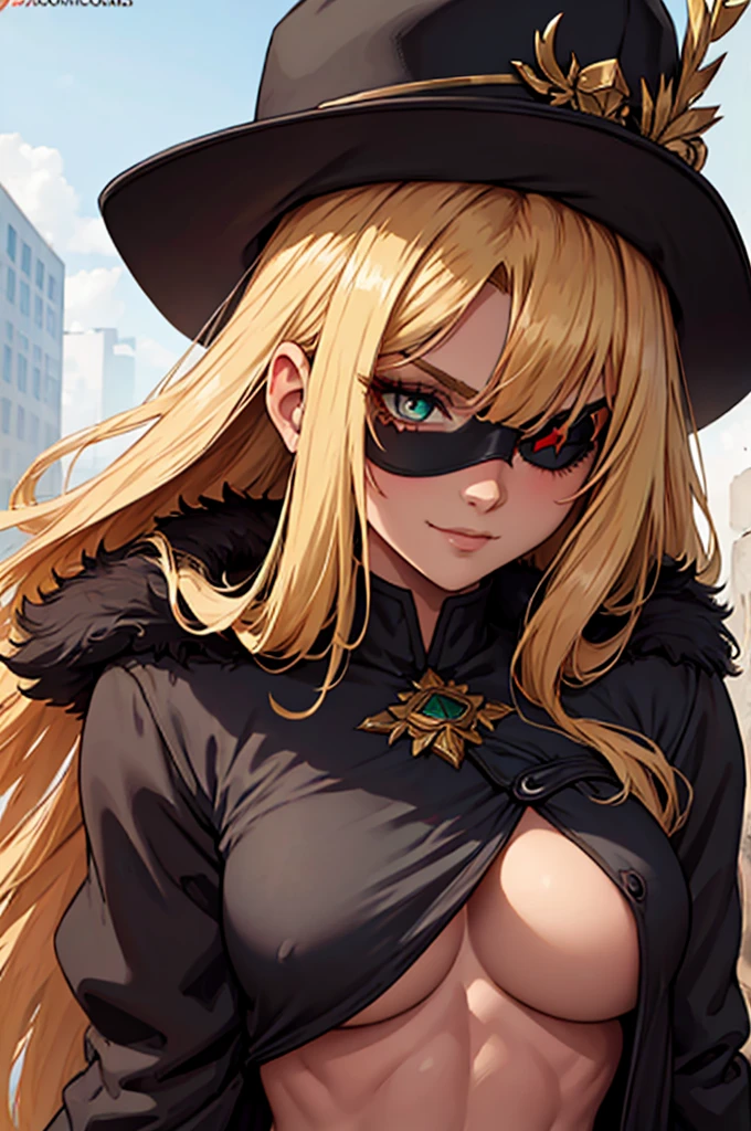 ((masterpiece)), ((best quality)), 1girl, adult, long hair, ((blonde hair)), blonde hair, ((intimidant look)), ((close-up)), green eyes, black and red clothes, sexy, dark colors, brillant eyes, ((coat with fur)), ((wavy hair)), perfect hands, ((sexy pose)), ((intimidant look)), good anatomy, ((dark sage clothes)), ((straight cut bangs)), emotionless, intimidant, ((beautiful eyes)), close up, ((detailed eyes)), beautiful eyes, ((detailed face)), hair bang, frontal look, abs, smile, magical goddess othinus, detailed face, eyepatch, full body