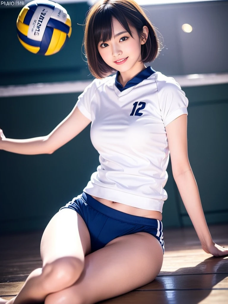 Glossy thighs、(8K、top-quality、masterpiece:1.2)、(realisitic、Photorealsitic:1.37)、ultra-detailliert、top-quality、超A high resolution、professionally lit、Photon mapping、Radio City、physically-based renderingt、Cinematic lighting、depth of fields,Focusing,Sun'rays,Good composition,,(((1 girl ))),Double eyes、(((white Volleyball uniform 、Dark blue high-leg low-rise bloomers)))、Gymnasium、A big smile、Gymnasium Court, (Tween model, 12 year oldg)), Ethereal beautiful, slim, very beautiful short hair,Colossal tits、 Toned abs, short cut hair、Soft light, ((David Hamilton Style)),