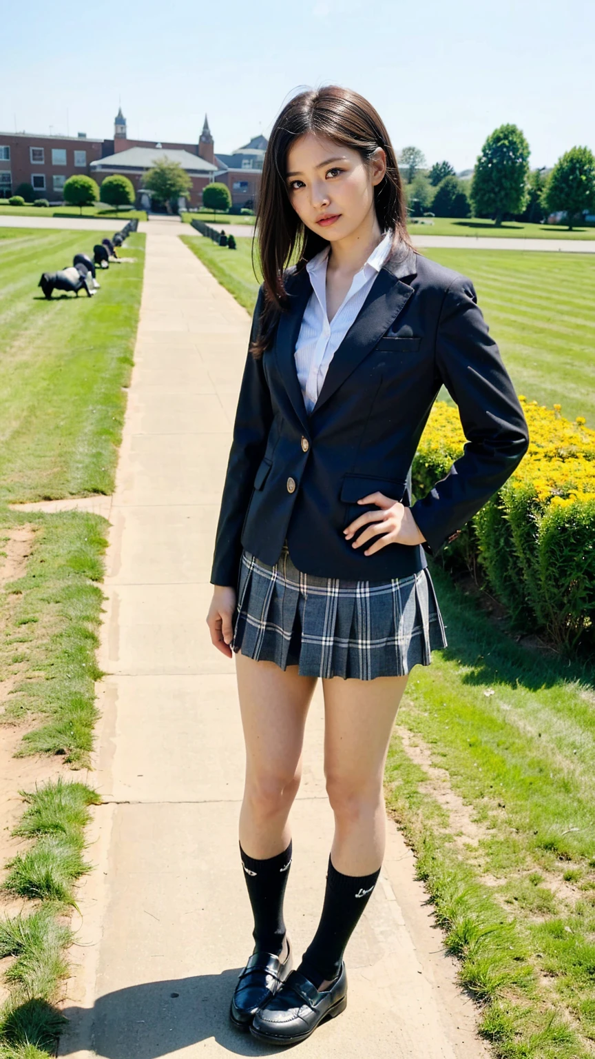 (8K、RAW Photos、Highest quality、masterpiece:1.2)、(Realistic、Realistic)、1 Girl、((Black Check Mini Skirt、High School Uniform、blazer、Navy Socks、loafers、Medium Hair、garden、View from the front、Looking into the camera、Stand with hands on hips))、cute