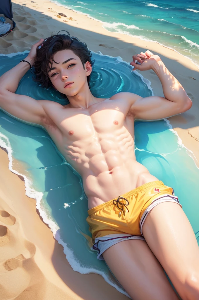 ((masterpiece)),(((best quality))), illustration, 1boy, femboy, laying on the beach, happy, cute, perspective, swim trunks, beach background