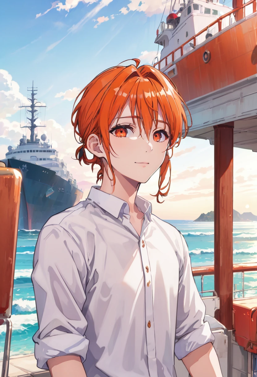 good looking, alone, 1 male, Medium Hair, Low Ponytail, Bright orange hair, Hazel Eyes, White shirt、Beautiful views、Ocean、friendly