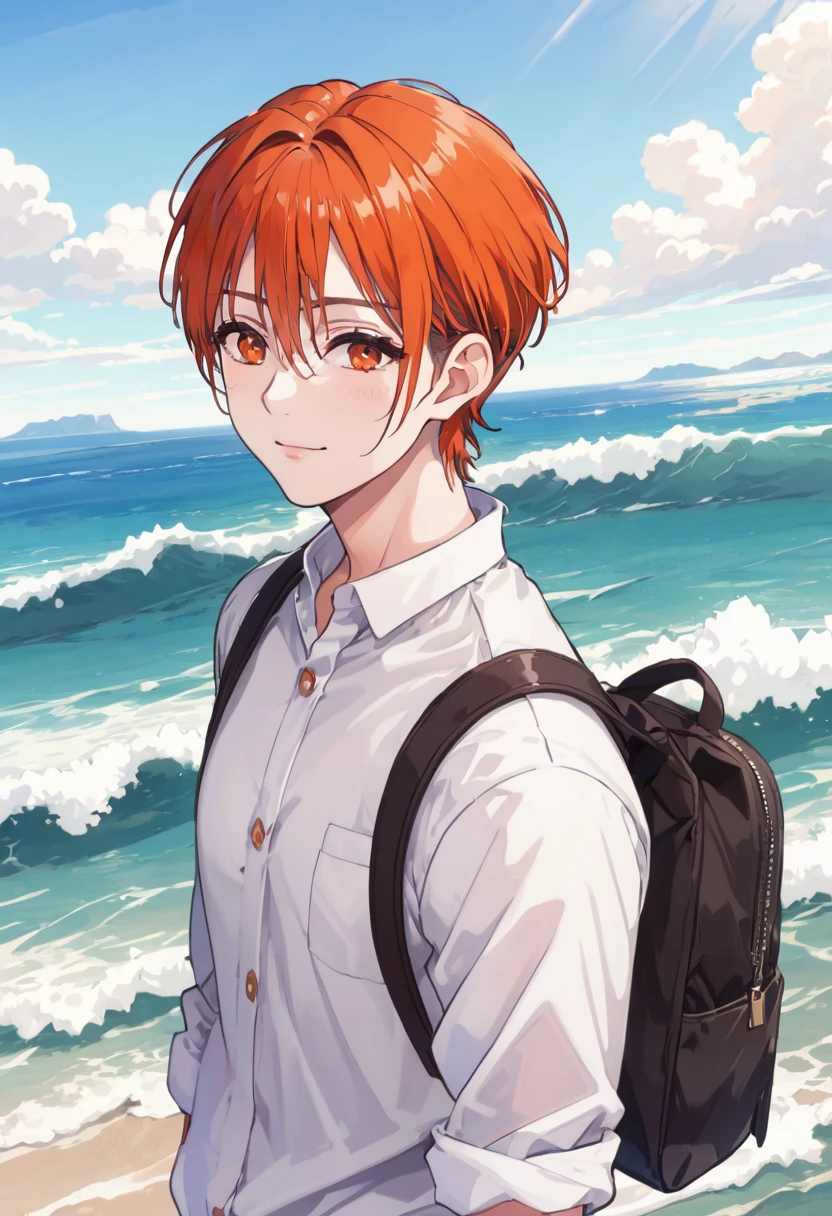 good looking, alone, 1 male, Medium Hair, Low Ponytail, Bright orange hair, Hazel Eyes, White shirt、Beautiful views、Ocean、friendly