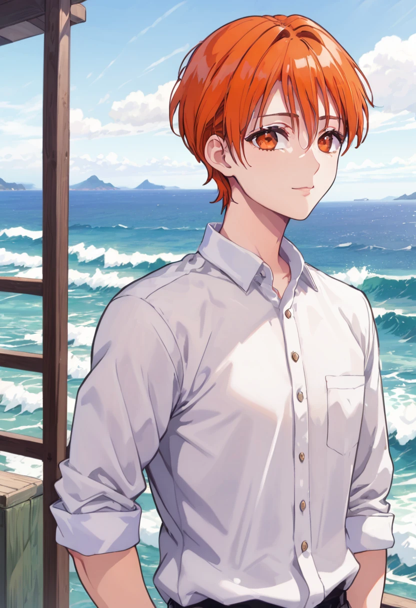 good looking, alone, 1 male, Medium Hair, Low Ponytail, Bright orange hair, Hazel Eyes, White shirt、Beautiful views、Ocean、friendly