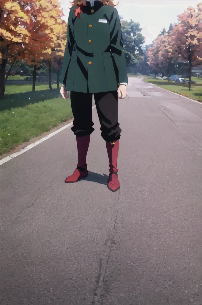 rengoku kyoujurou, demon slayer, 1boy, solo, sky, nature, tree, male focus, long hair, smile, blonde hair, red hair, red eyes, long sleeves, demon slayer uniform, outdoors, day, best quality, masterpiece, full body, standing, hands down