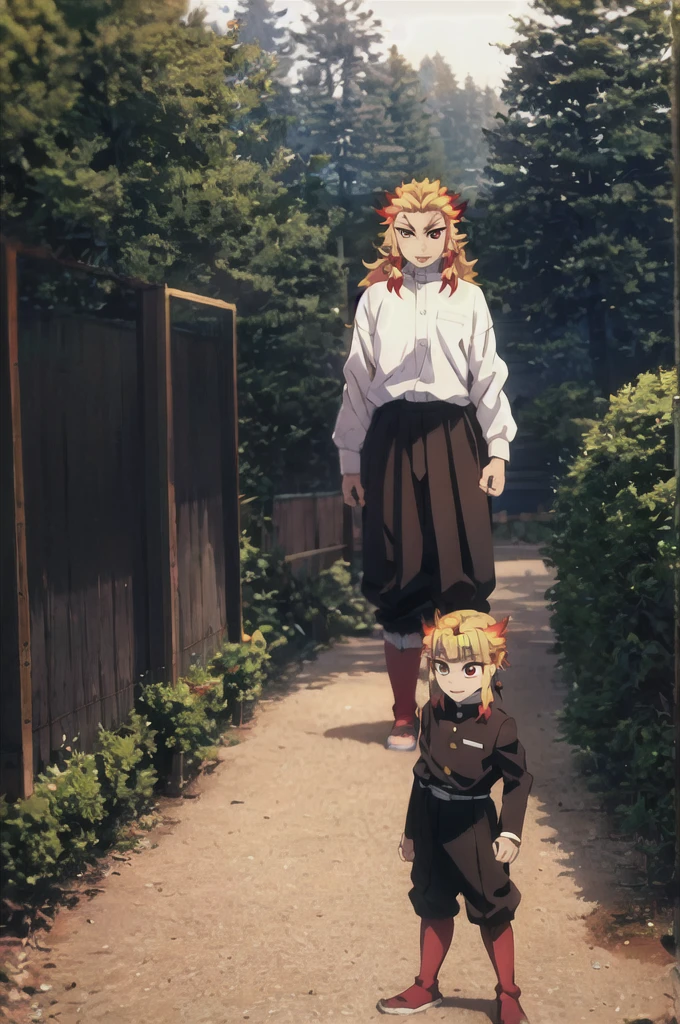 rengoku kyoujurou, demon slayer, 1boy, solo, sky, nature, tree, male focus, long hair, smile, blonde hair, red hair, red eyes, long sleeves, demon slayer uniform, outdoors, day, best quality, masterpiece, full body, standing, hands down
