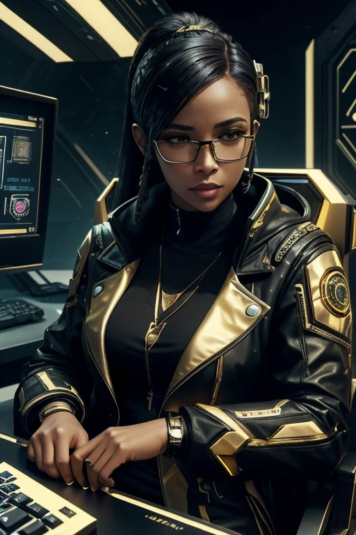 South African woman, Caucasian South African Woman, white skin, cyberpunk, secretary, cyberpunk background, sitting at cyberpunk desk, wearing luxtech, clothing is black and gold, wearing luxury clothing, white skin, glasses