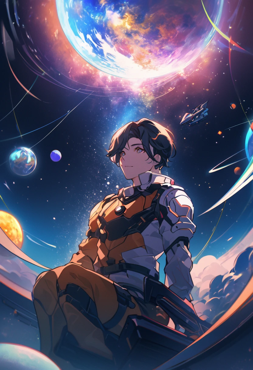 Anime guy sitting on the floor looking at the planet, space cowboy, cyber space cowboy, inspired by Josan González, Makoto Shinkai ( apex legends ), akira art style, Style Ross Tran, akira vibes, akira art style, floating alongside the planets, Josan Gonzalez, sci - fi art!!!!!!!, Josan Gonzalez!!!, in space, modern sci-fi anime