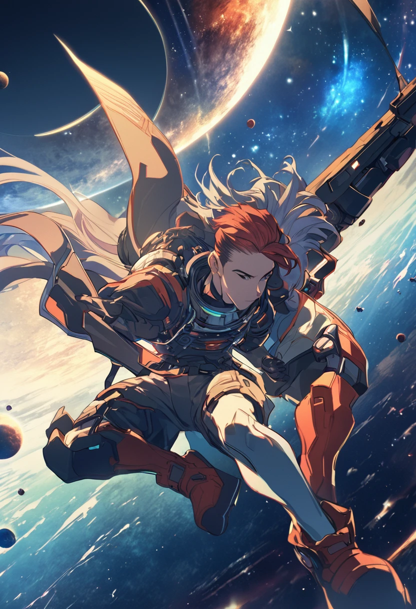 Anime guy sitting on the floor looking at the planet, space cowboy, cyber space cowboy, inspired by Josan González, Makoto Shinkai ( apex legends ), akira art style, Style Ross Tran, akira vibes, akira art style, floating alongside the planets, Josan Gonzalez, sci - fi art!!!!!!!, Josan Gonzalez!!!, in space, modern sci-fi anime