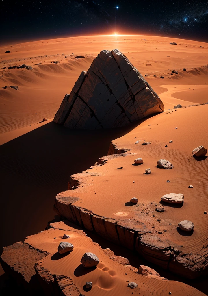 A breathtaking Martian landscape under the night sky, featuring an expanse of rocky terrain with scattered stones and boulders. Jagged mountains rise in the background, their silhouettes outlined by the soft glow of distant stars. The night sky is clear and filled with countless stars, casting a serene light over the barren, red-tinged surface of Mars. The scene is tranquil and otherworldly, capturing the stark beauty of the Martian night