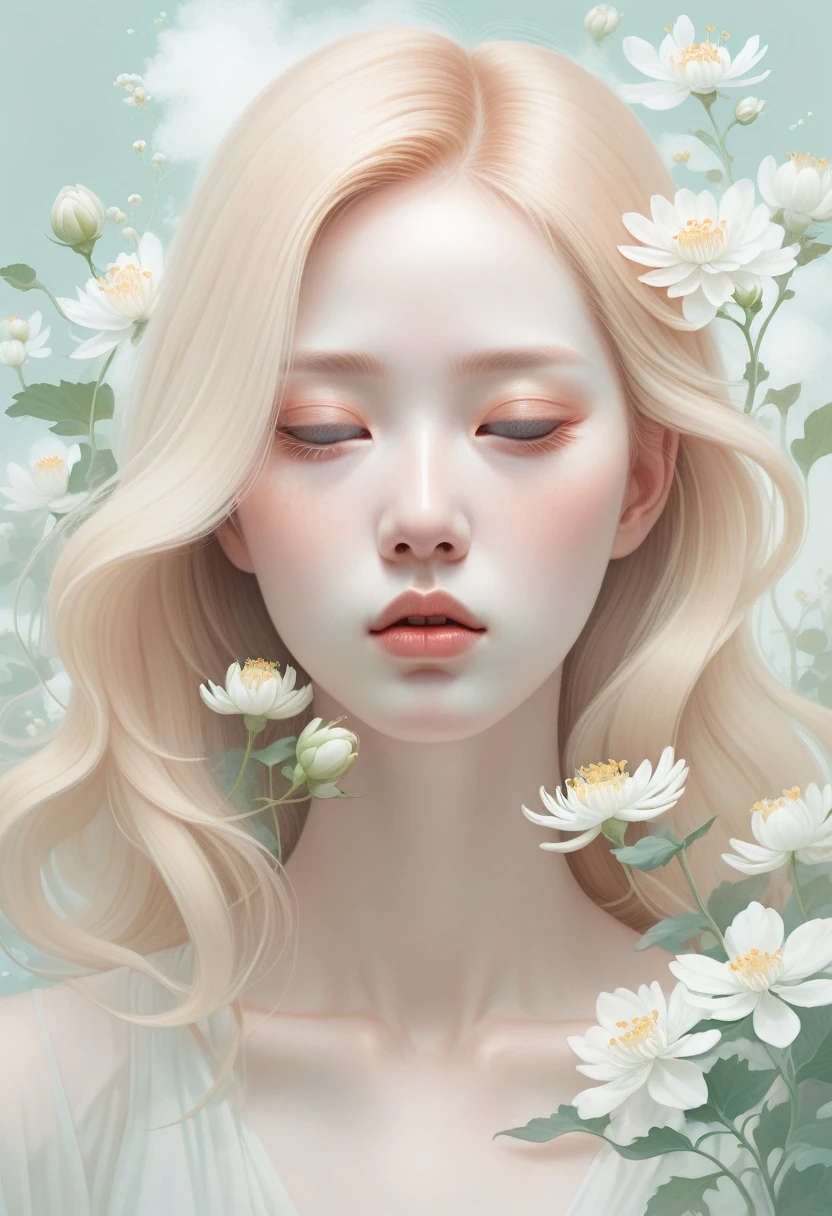 (mist:1.5),Soft space,Soft tones,dream,Hazy and mysterious,大量mist和白色小花覆盖,Modern illustration elements。Tranquility、Pure atmosphere,blond woman with white flowers covering her face and eyes, inspired by Hsiao-Ron Cheng, inspired by Yanjun Cheng, by Ayami Kojima, by Hsiao-Ron Cheng, by Yanjun Cheng, Guweiz, artwork in the style of Guweiz, by Eizan It's a gift, cake, james jean and wlop
