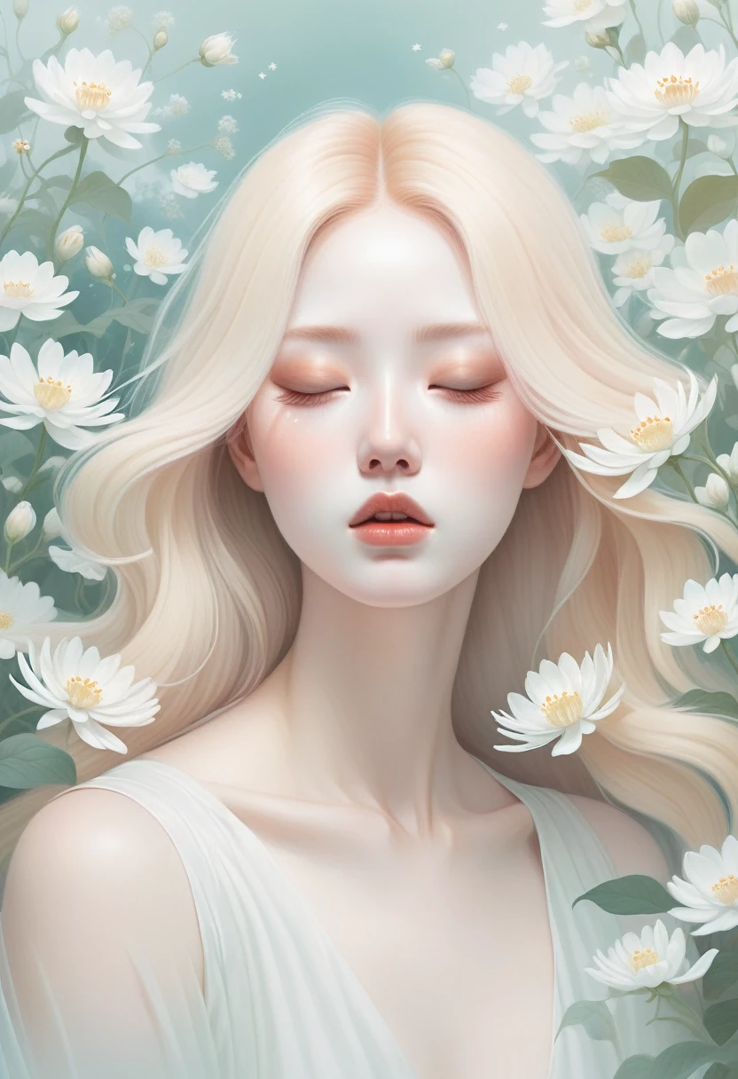 (mist:1.5)，Soft space，Soft tones，dream，Hazy and mysterious，大量mist和白色小花覆盖，Modern illustration elements。Tranquility、Pure atmosphere，blond woman with white flowers covering her face and eyes, inspired by Hsiao-Ron Cheng, inspired by Yanjun Cheng, by Ayami Kojima, by Hsiao-Ron Cheng, by Yanjun Cheng, Guweiz, artwork in the style of Guweiz, by Eizan It&#39;s a gift, cake, james jean and wlop