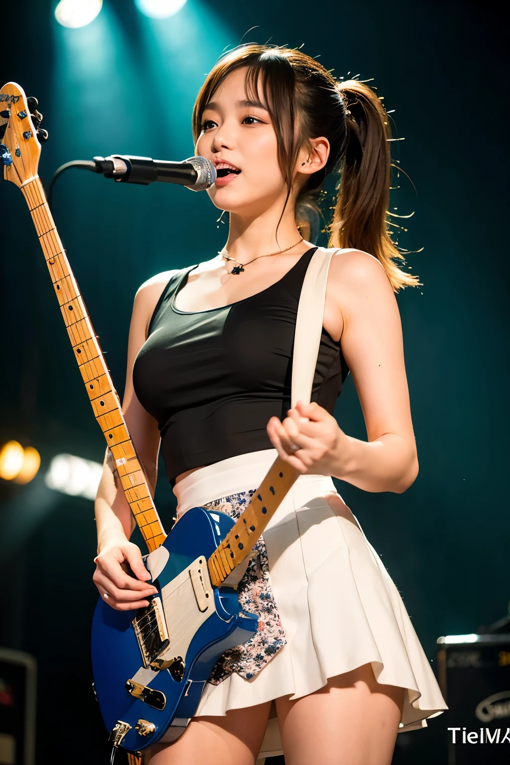 ((Highest quality)), ((masterpiece)), (detailed), One girl, Japanese,ponytail,mini skirt,guitarist,See-through,Telecaster
