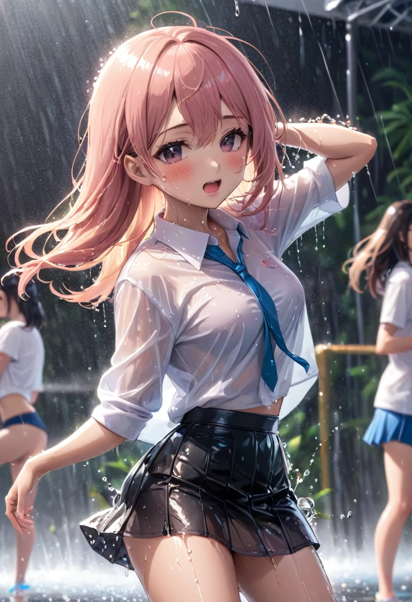 （high quality）,(details）,(nsfw）,
(single girl),(super cute face),
(thin shirt),(mini skirt),(getting wet),
((soaking with sweat)),(sweaty),
((blushing)),((shy)),
（dance）