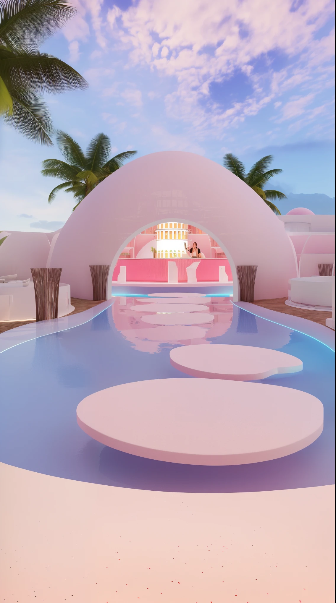 masterpiece, best quality, high quality, Extremely detailed CG Unity 8K wallpaper, Depth of Field, There is a white domed swimming pool and a pink swimming pool, In a futuristic desert palace, Kawaii HD Rendering, Karim Rashid, Inspired by Joao Artur da Silva, take, Vaporwave Building, Neon City Dome, Palace on the water, Inspired by Cherryl Fountain, Pink Arch, Inspired by Riccardo Bofill, In a Candy Land-style house, Dreamy atmosphere