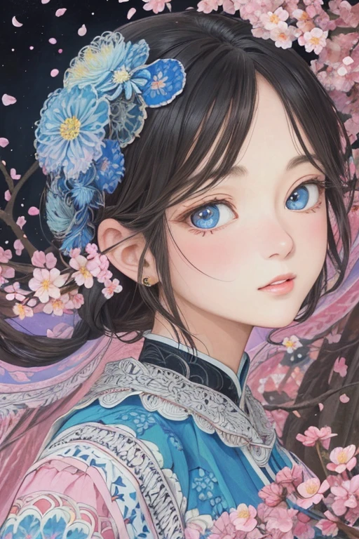 (1girl, solo, from side), The is very detailed, (abstract backgrounds, zentangle, s fractal art:1.3), (many color, Colorful:1.1), (feater, petals, blossoms:1.3), dynamicposes, 耳Nipple Ring，portrait of a princess, , in the art style of bowater, Baroque fluffy skirt，Fantasy art style, beautiful fantasy maiden，Exquisite and perfect facial features，Beautiful and delicate eyes，long eyelasher，Delicate eyeliner，blue eyes，Dark pupils，，There are bright spots in the eyes，almond eyes，Beautiful lip details，8K high-definition，anatomy correct，Oil painting thick painting style，Messy black hair，cottage in the forest，Colorful birds