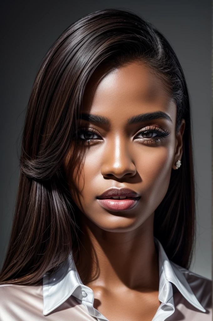 Masterpiece, an award winning portrait of a Creole 30 years old female beautiful business executive, ultra detailed face, ultra high detailed eyes, ultra realistic skin, (textured skin, skin pores, half body shot:1.1), brown skin, long black hair, hair over one eye, brown eyes, dark eyes, thin eyebrows, perfect teeth, red lipstick, seductive makeup, Armani satin business shirt, 32K, ultra high res.photorealistic, UHD, Leica SL2 + Leica Vario-Elmarit-SL 24-70 f/2.8 ASPH, RAW, sharp ,natural lighting, a corporate photograph
