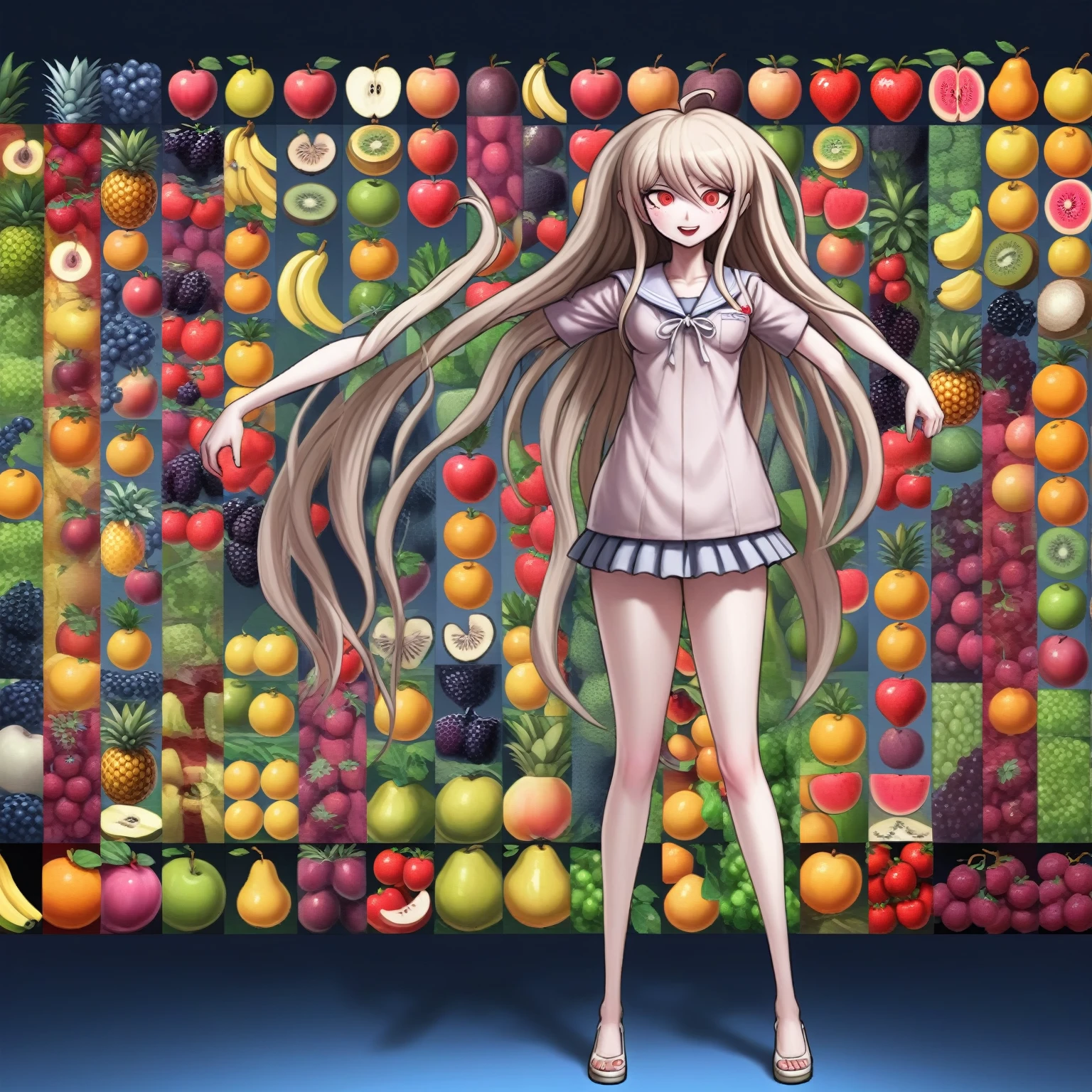 Woman, violent, elegant design, long hair, danganronpa style, thick lines, full-body portrait, detailed eyes, dynamic pose, smiling, fruits🍍🍎🍓🍇