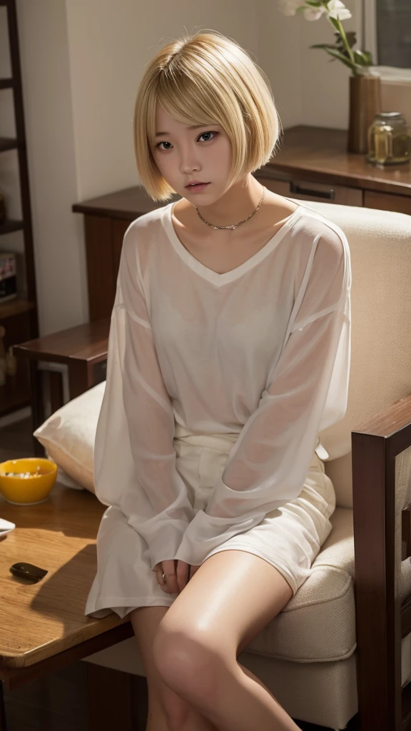 20-year-old woman,Blonde short bob hair,Uneasy atmosphere,cry、whole body