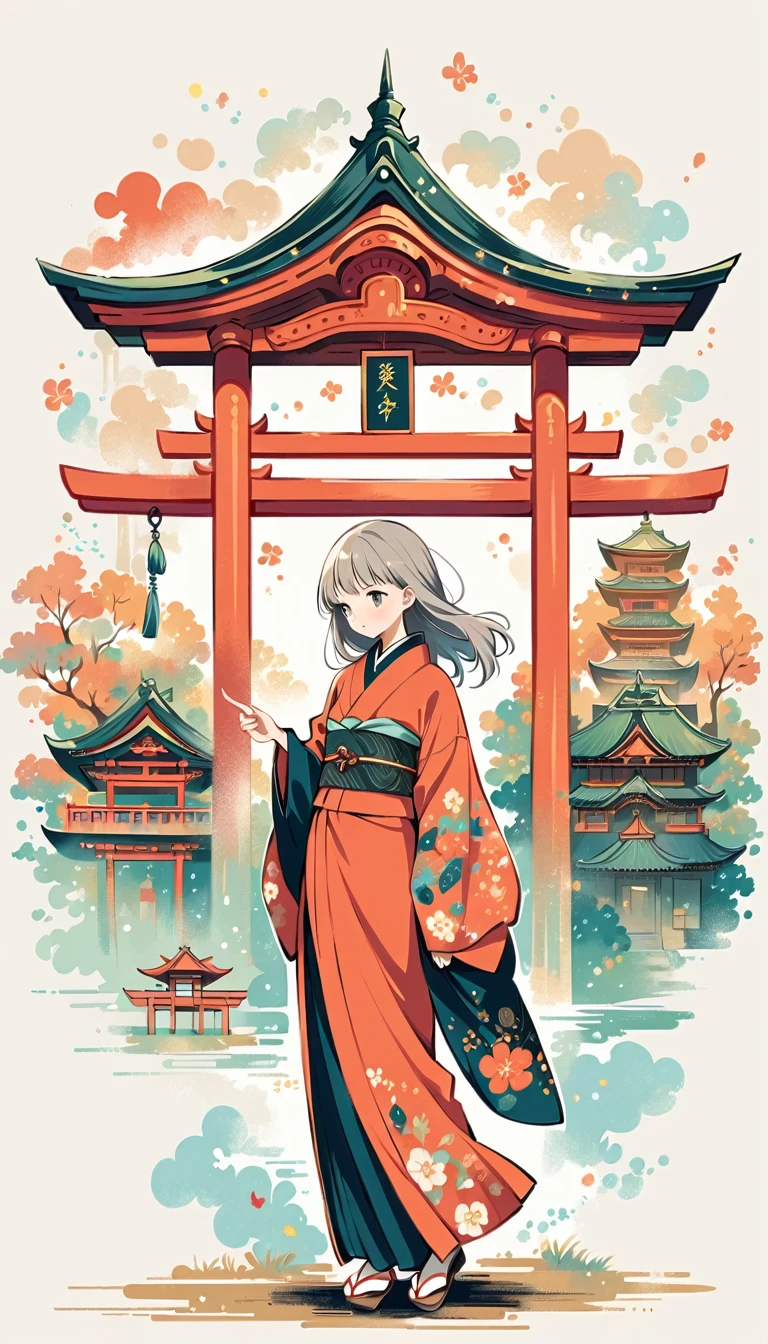 Fujichoco style, kimono, gray hair, whole body, light, temple, Torii, simple background，Simple line initialism, (((The Most Beautiful Girl))), 8K, Nizi,