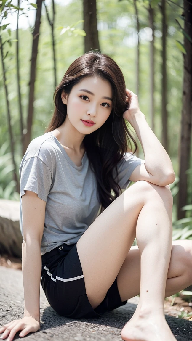 masterpiece, best quality, Surreal, Ultra Detailed, 8k resolution, RAW photos, Clear focus, (A girl in the forest), ((light gray shirt:1.1)), Short sleeve, sports Shorts,Full body posture, Solitary, Perfect body, Become a, 32 inches in the chest,(a charming smile:1), (sexy pose),26 years old, light,White shoes, Solitary, Perfect body, Perfect body, Bangs to eyebrows、Beautiful brown hair、Beautiful and delicate eyes、Brown eyes、Raise an eyebrow、Bangs to eyebrows、Beautiful brown hair、Beautiful and delicate eyes、Brown eyes、Raise an eyebrow、High Nose、Small nostril、Little mouth、Tempting lips、Mouth slightly open、Beautiful breasts、Full body、Oval face,Phoenix Eyes,Eyebrow, Double eyelids, Long eyelashes, A faint smile, full-body shot:1.2,She has a pair of eyes as clear as water,Eyebrows are like distant mountains,Creamy skin,唇如点樱 A faint smile