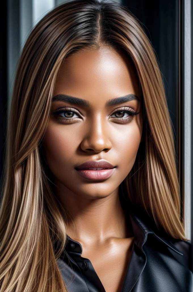Masterpiece, an award winning portrait of a Creole 30 years old female beautiful business executive, ultra detailed face, ultra high detailed eyes, ultra realistic skin, (textured skin, skin pores, half body shot:1.1), brown skin, long blonde hair, hair over one eye, brown eyes, dark eyes, thin eyebrows, perfect teeth, red lipstick, seductive makeup, Armani satin business shirt, 32K, ultra high res.photorealistic, UHD, Leica SL2 + Leica Vario-Elmarit-SL 24-70 f/2.8 ASPH, RAW, sharp ,natural lighting, a corporate photograph