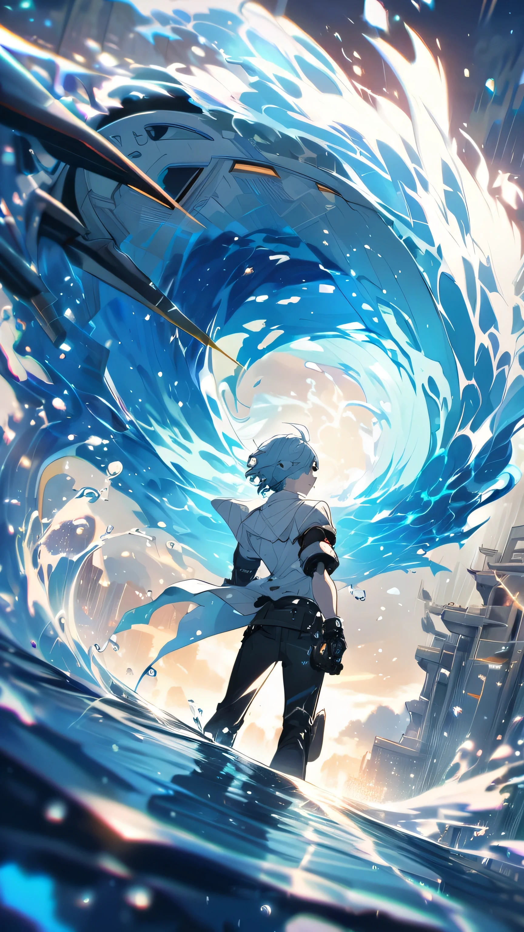 anime character Grimmjow Jaegerjaquez with (light blue hair) and blue eyes unleashing cool (water) magic from his one hand, the other arm is metal, robot arm, water, water particles, blue and white tinted black clothing, surrounded by vibrant water particles, emitting a cool, blue-white hue, ultra detailed, digital painting, with dramatic lighting, vivid colors, anime style from Mushoku Tensei: Jobless Reincarnation, from behind, facing viewer, looking back, from above