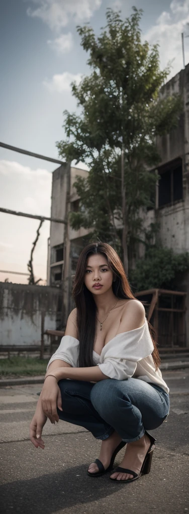 Thai Woman, milf, gigantic breasts, showing_nipples, small waist, fully clothed, luxury dresses, squatting mid to viewer, look at viewer, long hair, shirt, jeans, cloud, day, sky,outdoors, post-apocalypse, ruins scenery, tree, water,