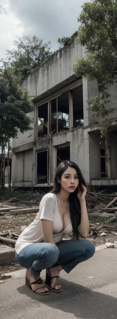 Thai Woman,  milf, gigantic breasts, showing_nipples, small waist, fully clothed, luxury dresses, squatting mid to viewer,  look at viewer, long hair, shirt, jeans, cloud, day, sky,outdoors, post-apocalypse, ruins scenery, tree, water,