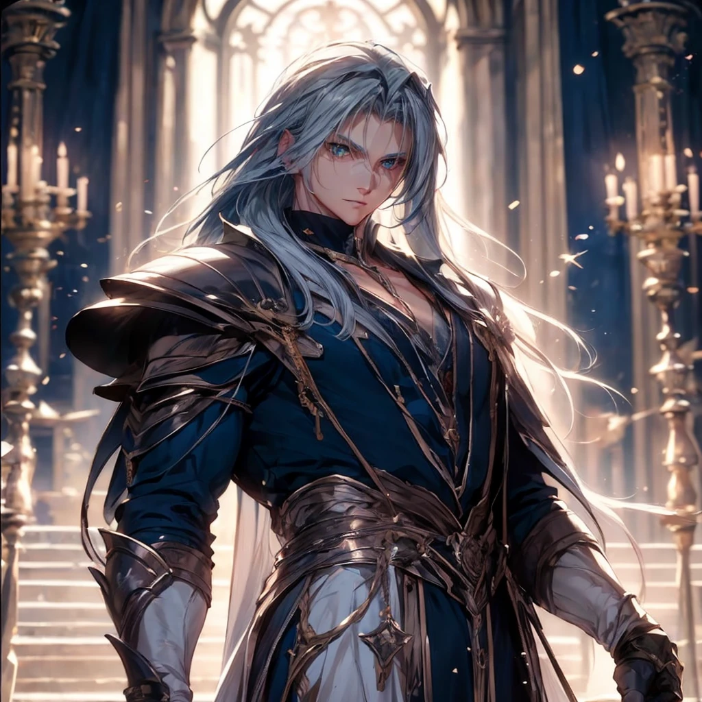 Highly detailed, High Quality, Masterpiece, beautiful,I want an image of a man with white hair and skin, who is attractive and has two angel wings and medieval armor and a long sword. I also want the eyes to be more detailed and the hair looks good. I want it short