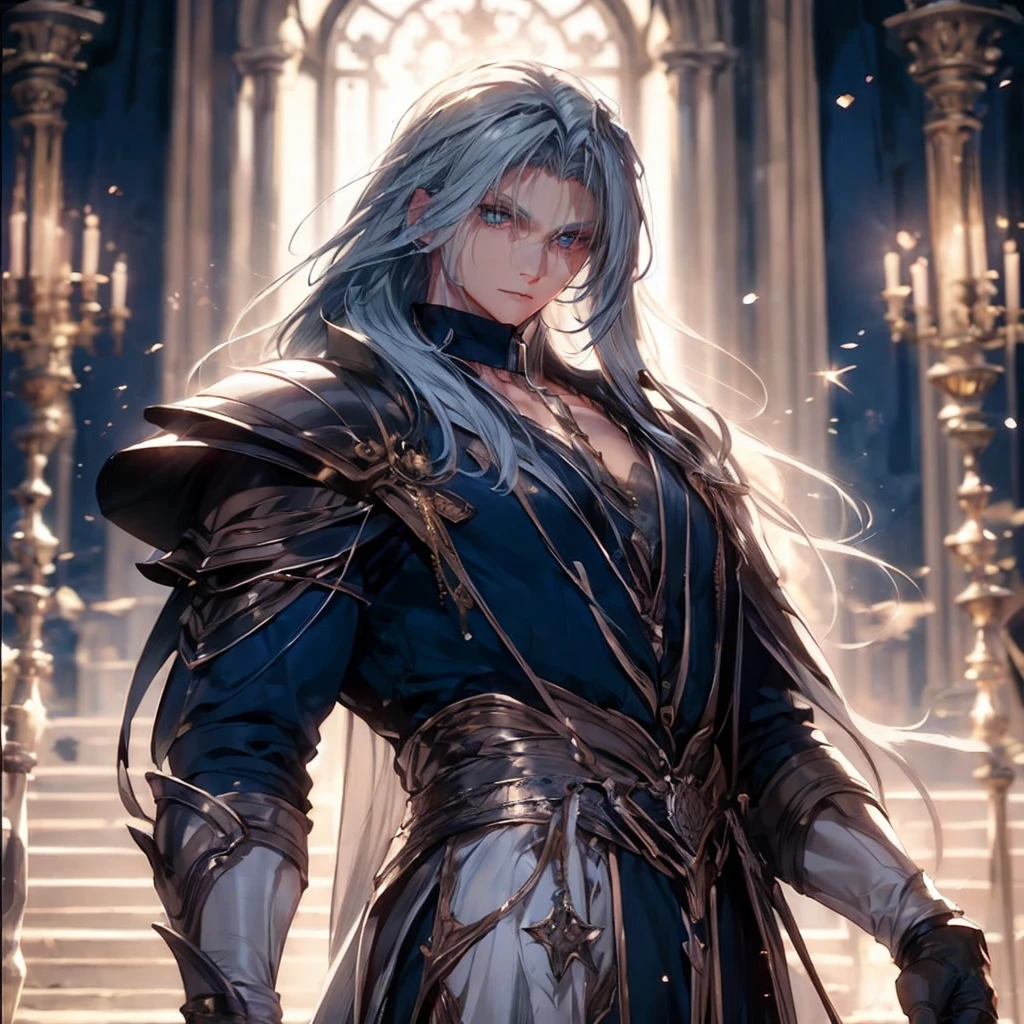 Highly detailed, High Quality, Masterpiece, beautiful,I want an image of a man with white hair and skin, who is attractive and has two angel wings and medieval armor and a long sword. I also want the eyes to be more detailed and the hair looks good. I want it short