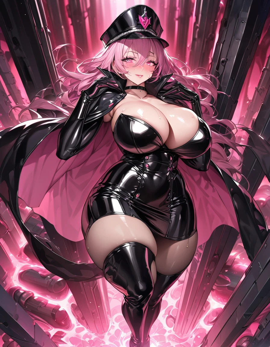 Young beautiful woman,(Highest quality,Extremely detailed depiction,Incredibly absurd high resolution,Anatomically accurate depiction,Two lovely hands, Five perfect fingers,Curvy Legs),(Glowing Skin,Shiny skin,Oilskin),(((Female Leader of an Evil Organization))),(Latex military costume,A shiny bondage dress with an intricate structure,military hat,military cloak,A complex mask,Thigh-high boots,Long gloves,Leather Choker,pantyhose),eyelash,eye shadow,(Glowing pink eyes,There is cleavage in the chest,A seductive smile,Large Breasts,Glossy Lips,Shadowed face,Pole dancing pose),Sweat,whole body,blush,background:prison,Pink light,(From above:1.2)