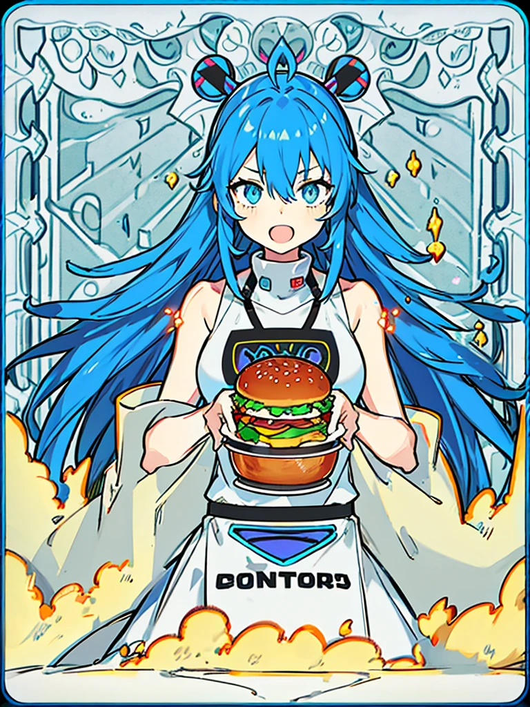 Create image poster concepts Cyberpunk Manga Madness Poster
Background: A bustling cyberpunk cityscape with towering skyscrapers, neon signs, and holographic projections of burgers and fries casting colorful glows in shades of neon blue, purple, and pink.
Character: In the center of the poster, a young woman with vibrant pink hair and large, glowing eyes in a cyberpunk manga style. She is depicted taking a big bite out of a digital-rendered burger, displaying a look of pure enjoyment and excitement.
Fast Food Imagery: Around the character, floating holographic projections of various futuristic fast food items:
Digital pizza slices with glowing toppings
Holographic onion rings emitting digital steam
Neon-lit milkshakes with swirling colors
Typography:
Bold, glowing red "Fast Food Frenzy!" heading with digital effects, placed prominently at the top of the poster.
Floating speech bubble with animated "Get Your Grub On!" tagline in futuristic font, positioned near the character to emphasize the theme.
Color Scheme: Vibrant and electric palette with neon blues, purples, pinks, and digital greens, creating a visually striking cyberpunk atmosphere.
Additional Elements:
Floating holographic icons of a digital ketchup bottle, soda cup, and high-tech chef hat scattered strategically around the poster to enhance the futuristic theme.
Final Touches: Ensure the layout is dynamic and balanced, with enough space for the manga character to stand out amidst the vibrant cyberpunk environment. Incorporate digital effects and neon glows to reinforce the futuristic aesthetic.