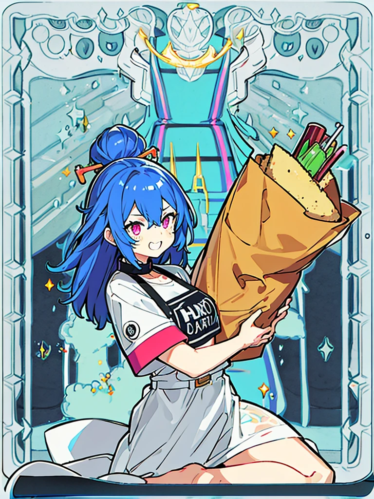 Create image poster concepts Cyberpunk Manga Madness Poster
Background: A bustling cyberpunk cityscape with towering skyscrapers, neon signs, and holographic projections of burgers and fries casting colorful glows in shades of neon blue, purple, and pink.
Character: In the center of the poster, a young woman with vibrant pink hair and large, glowing eyes in a cyberpunk manga style. She is depicted taking a big bite out of a digital-rendered burger, displaying a look of pure enjoyment and excitement.
Fast Food Imagery: Around the character, floating holographic projections of various futuristic fast food items:
Digital pizza slices with glowing toppings
Holographic onion rings emitting digital steam
Neon-lit milkshakes with swirling colors
Typography:
Bold, glowing red "Fast Food Frenzy!" heading with digital effects, placed prominently at the top of the poster.
Floating speech bubble with animated "Get Your Grub On!" tagline in futuristic font, positioned near the character to emphasize the theme.
Color Scheme: Vibrant and electric palette with neon blues, purples, pinks, and digital greens, creating a visually striking cyberpunk atmosphere.
Additional Elements:
Floating holographic icons of a digital ketchup bottle, soda cup, and high-tech chef hat scattered strategically around the poster to enhance the futuristic theme.
Final Touches: Ensure the layout is dynamic and balanced, with enough space for the manga character to stand out amidst the vibrant cyberpunk environment. Incorporate digital effects and neon glows to reinforce the futuristic aesthetic.