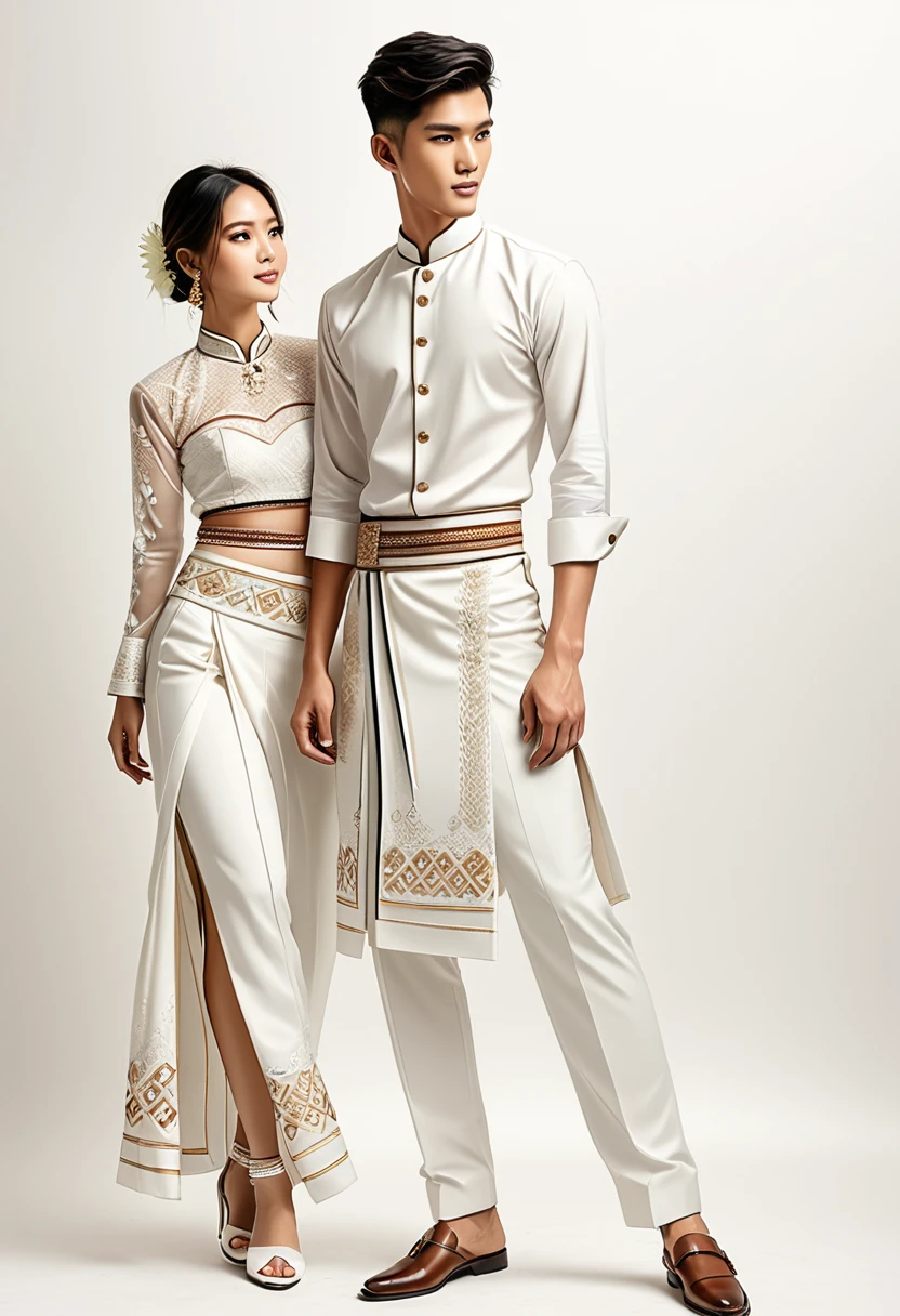 candid fashion illustration of two young man and women, 18 year old, adorned in a meticulously crafted North Thai traditional outfit, ((showcase fashion in a Northern Thai style, cotton handwoven in white color)), simple elegant and luxury style, The man wears a simple long-sleeved white mandarin collar shirt, paired with white Tailor pants, and shoes, The woman complements him with white tubular skirt or Sarong with simple patterns, ankle-length, fitted intricately decorated blouse that complements the skirt. Captured in a low angle, ((full-body image)), stands gracefully against the white backdrop. Their attire simple with intricate embroidery and white accents, each element carefully chosen to reflect the rich Lanna cultural heritage, ((white studio background)), realistic color pencil lines, perfect drawing, charcoal lines, fading sketch, quick Sketch, soft light, fashion illustration, fashion sketching