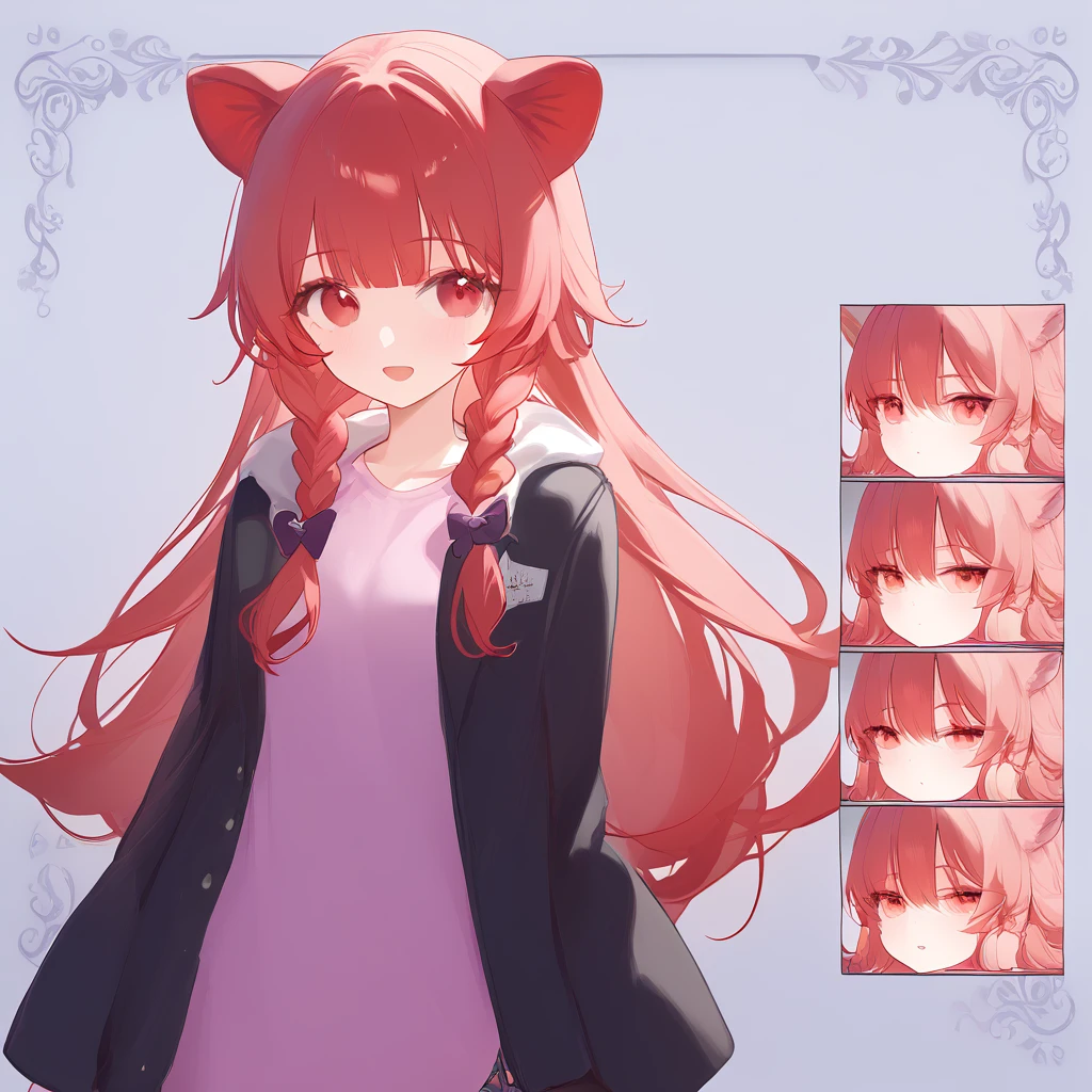  1 Girl, Red hair, Animal ears, Wear a long-sleeved jacket, creative design, whole body, Reference table, Role List,、Red Hair、Red eyes、Long hair、Double braids、Girl、Lovely、Energetic、Combo chart、whole body立绘，from head to foot，Facial Expression Differences，different dynamics，Different expressions，Combo chart