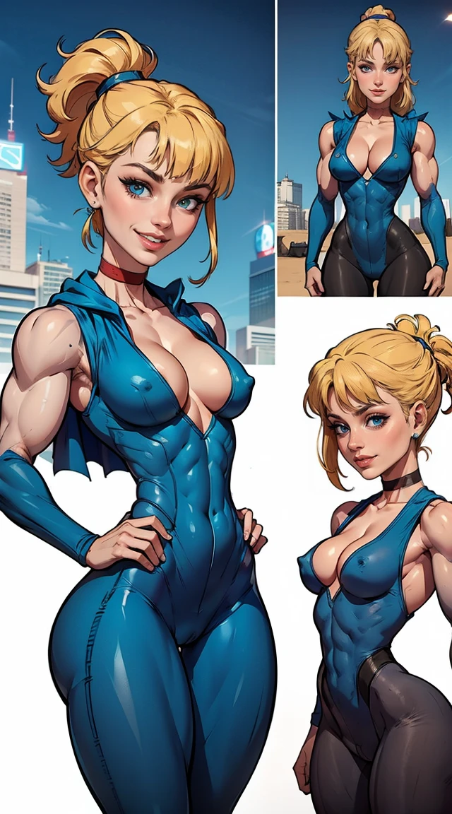 (Muscular:1.9), (thick thighs:1.8),
blonde female, (supergirl), (big smile:1.7), (blunt bangs), (ponytail:0.8),
earrings, lipstick, eyeshadow,
hard nipples, (small breasts:2),
(blue sleeveless bodysuit, cleavage:1.9), (small cape:1.3), (choker:1.2), (active pose:1.5),
looking at viewer, three quarter view, (upper body view:1.7),
(skyline background:1.2), rim lighting, two tone lighting, dim lighting, bokeh, detailed skin, detailed eyes