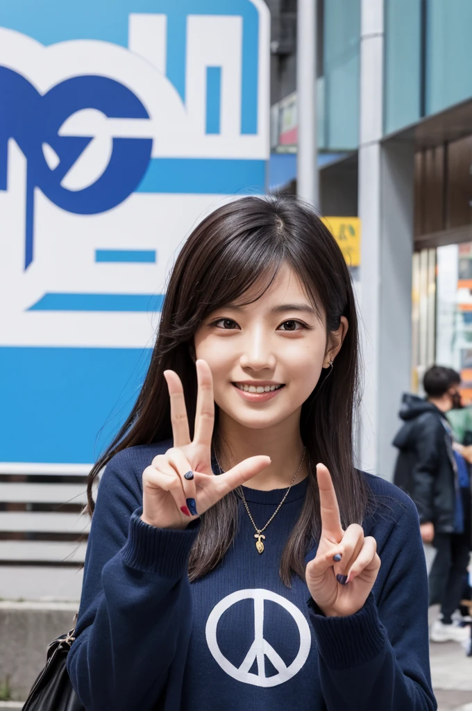 Woman making a peace sign