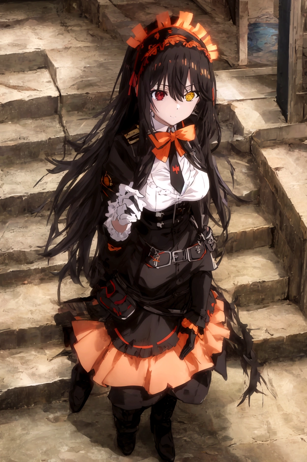 Anime adaptation for this character, (masterpiece) , (best quality), (ultra HD), 4K, tokisaki kurumi, tokisaki kurumi, heterochromia, black hair, very long hair, red right eye, yellow left eye, ornament hair, large breast, white shirt, orange necktie, belt, pouch, black pants, thigh boots, military hat, black gloves, black wings, orange halo