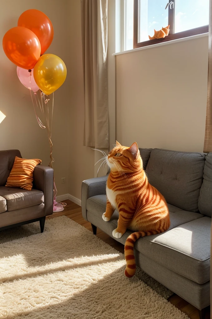 Setting: The cozy living room, decorated with streamers and balloons.Action: The chubby orange cat, named Whiskers, wakes up excitedly and stretches, his belly wobbling as he trots over to the window to bask in the morning sun.Dialogue: Whiskers purrs to himself, "Today's the day! I wonder what surprises are in store."