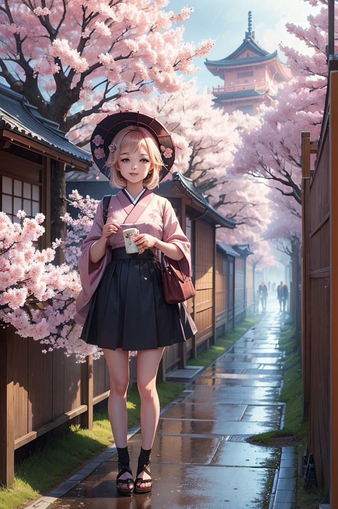 ((masterpiece)),(((best quality))), illustration, 1femboy, happy, cute, perspective, japan, cherry blossom trees, big city, japan background, raining