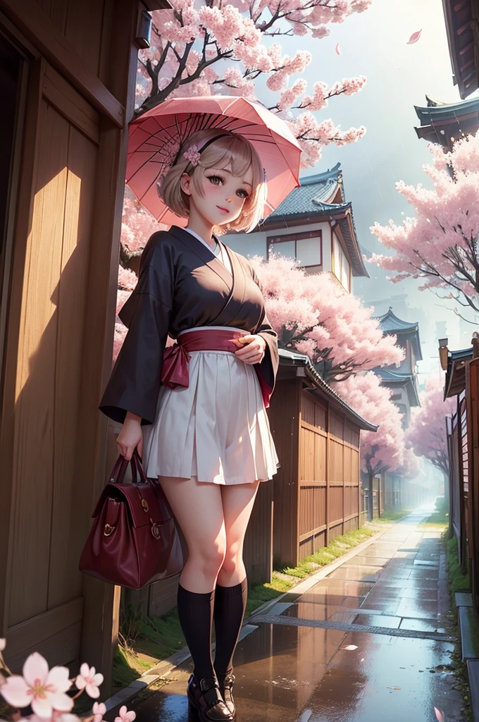 ((masterpiece)),(((best quality))), illustration, 1femboy, happy, cute, perspective, japan, cherry blossom trees, big city, japan background, raining