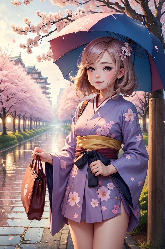 ((masterpiece)),(((best quality))), illustration, 1femboy, happy, cute, perspective, japan, cherry blossom trees, big city, japan background, raining