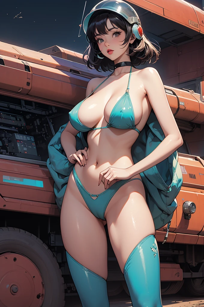 Alien desert surface, landscape, A futuristic vehicle with a 50s design, Girl in transparent helmet and colorful micro bikini、Big Saggy Tits、Big Saggy 、A futuristic vehicle with a 50s-inspired design