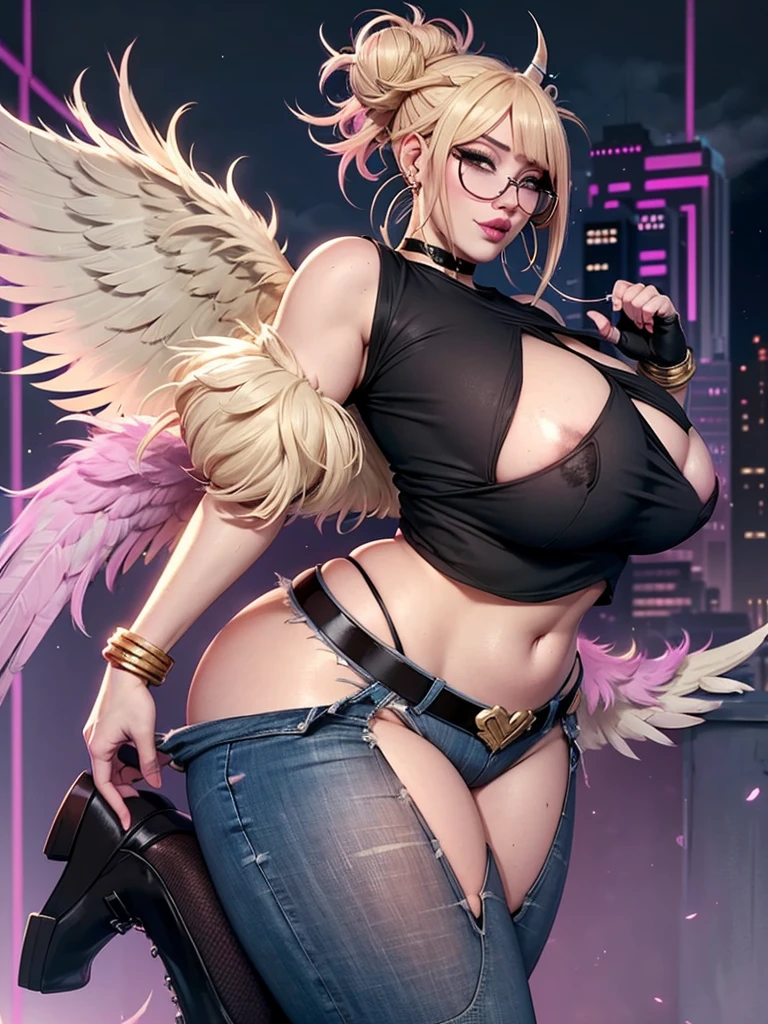 realisticlying,22yo girl,Blonde short、big body, sexy lingerie lace black ,perfect eyes, hair bunches、very very long hair, ultradetailed hair, body nylon sexy, Breasts enlarged、 big body, blonde, woman 1.90 CM,ponytail, ((hair over eyes)),perfect mouth, massive big bounce oppai, WET SKIN, (masterpiece, best quality:1.2), 1girl, solo, city background, haze \(fortnite\), Harpy Haze From fortnite, 1girl, earrings, glasses, hat, jewelry, lips, long hair, looking at viewer, makeup, nail polish, pink eyes, pink hair, pink nails, smile, sunglasses, tinted eyewear, belt, black pants, crop top, eyeshadow, midriff, navel, pants, choker, fingernails, round eyewear, sharp fingernails, standing, black feathers, black headwear, hoop earrings, horned headwear, horns, denim, winged arms, feather trim, star \(symbol\), elbow gloves, dark pink lips, feathers, heels, shoes, angel wings, bangle, black wings, crop top overhang, feathered wings, harpy, low wings, multicolored hair, multicolored wings, pink wings, wings, fingerless gloves, shirt, long fingernails, boater hat, bootcut pants, leather pants, sleeves, black sleeves,massive big bounce oppai,massive big bounce oppai,massive big bounce oppai,big bounce oppai,big bounce oppai,