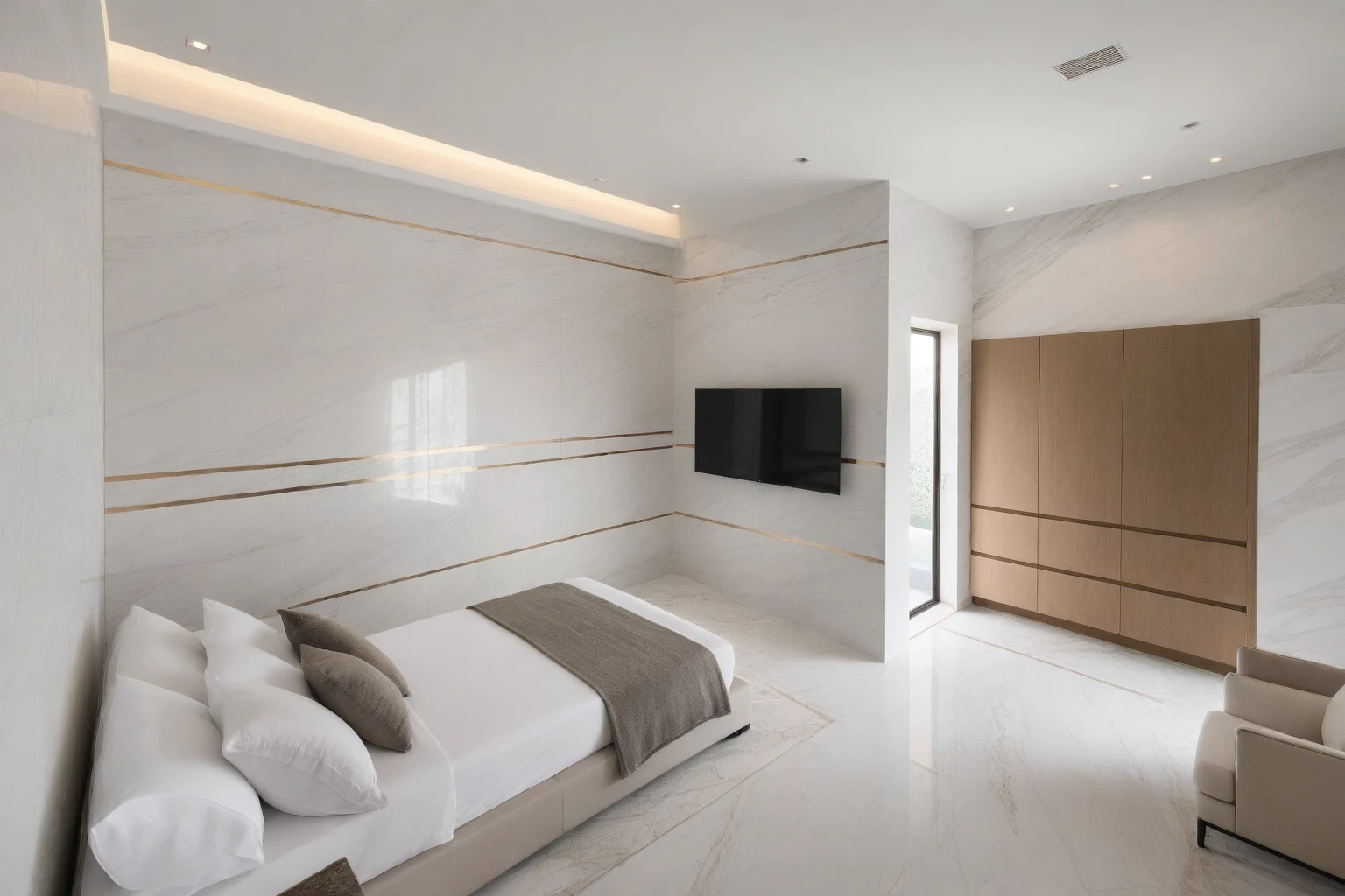 Raw photo,Masterpiece, high quality, best quality, authentic, super detail,
indoors, interior , (( BEDROOM :1.3)), modern style, daylight, (WHITE WALL),luxury, marble tile floor,