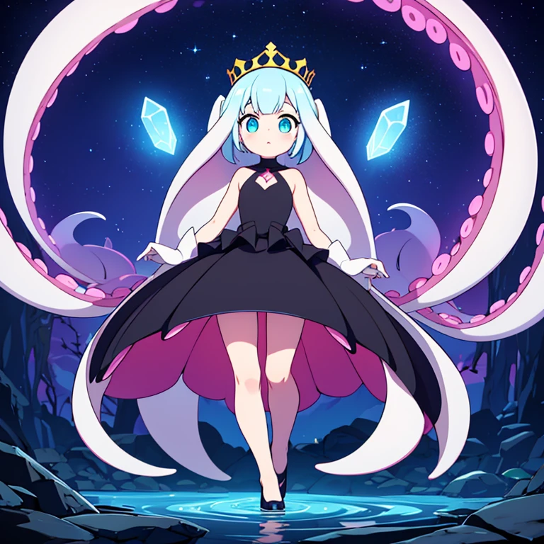 Full body, beautiful eyes , 1 girl , full body , cute girl , anime style , cute eyes , (standing up) , ( Eclipsquid has a sleek, streamlined body typical of squid, with multiple tentacles that are both dexterous and strong. Its eyes are large and reflective, capable of seeing in the darkest of waters. The body of Eclipsquid glows faintly with an eerie, phosphorescent light that pulses in the darkness, though it can dim this glow to become nearly invisible. Its tentacles are lined with small, bioluminescent spots that flicker like stars in the night.) (ball gown) , crown , hidden legs ,( princess) , (ballgown covers legs), squid
