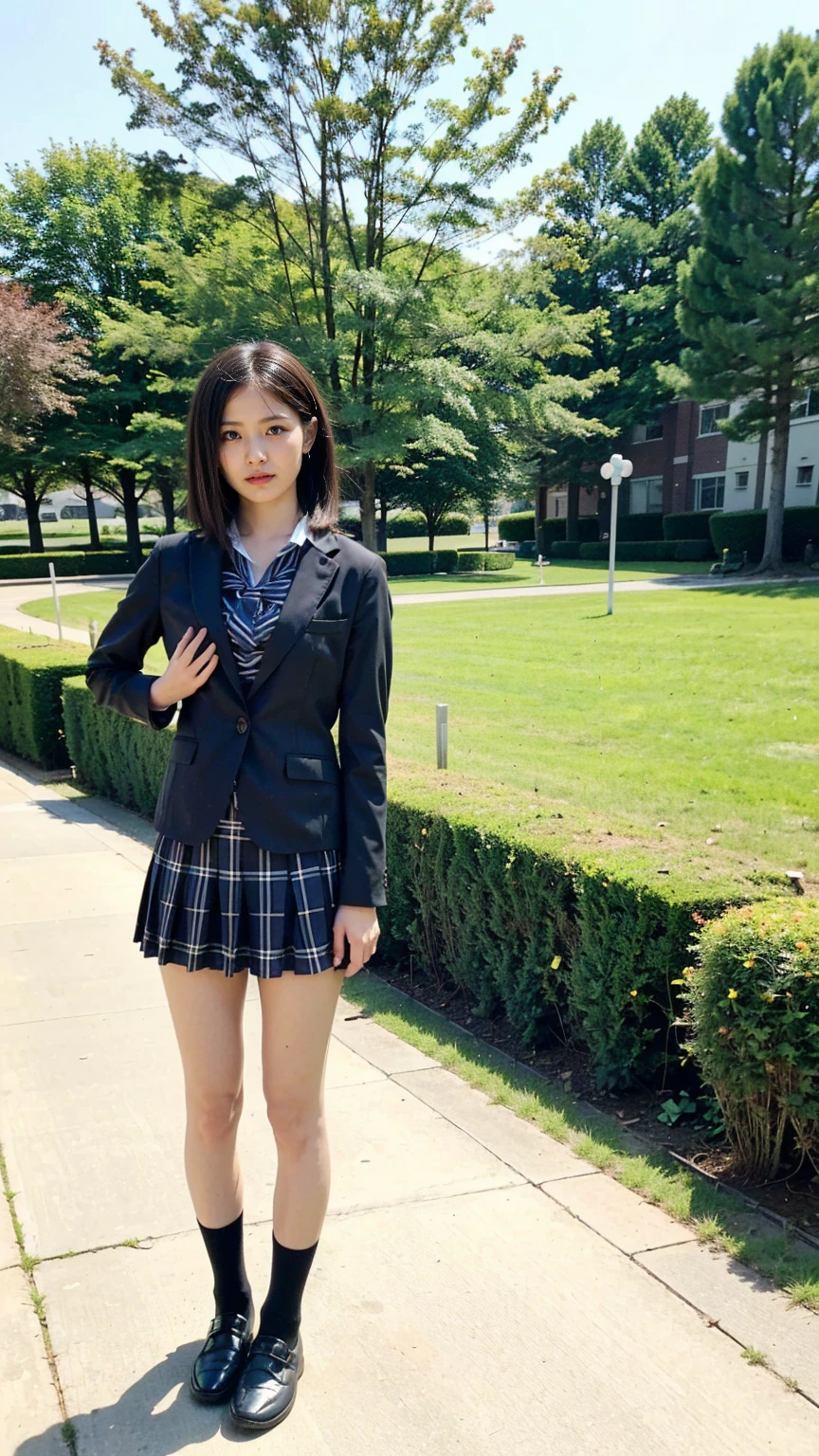 (8K、RAW Photos、Highest quality、masterpiece:1.2)、(Realistic、Realistic)、1 Girl、((Black Check Mini Skirt、High School Uniform、blazer、Navy Socks、loafers、Medium Hair、garden、View from the front、Looking into the camera、Stand with hands on hips))、cute