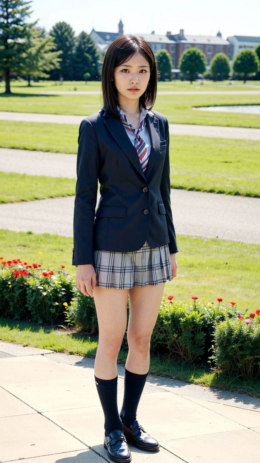 (8K、RAW Photos、Highest quality、masterpiece:1.2)、(Realistic、Realistic)、1 Girl、((Black Check Mini Skirt、High School Uniform、blazer、Navy Socks、loafers、Medium Hair、garden、View from the front、Looking into the camera、Stand with hands on hips))、cute